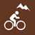 Mountain Biking icon - White figure riding a white bike with white mountain peaks in background inside a brown square. Click to view the Regional Mountain Biking/Road Cycling Overview website.