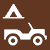 Off-Highway Vehicle (OHV) Riding & Camping icon - White jeep with a white tent in background inside a brown square