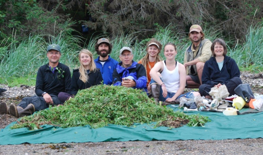 Volunteers with invasive black bind weed plants they pulled from the shoreline.