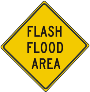 Flash Flood Area warning sign. Click to view the National Oceanic and Atmospheric Administration (NOAA) National Flood Monitoring website in a new window.