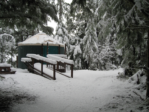 Yurt at Coho Campground in winter. Each yurt has a ramp for easier access.