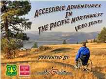 logo for accessible adventures videos with a man in a wheelchair heading for the mountains