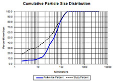 Image of the Cumulative Particle Size Distribution Spreadsheet with two-line chart.