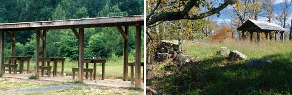 Two photos.  The first appears to be a shooting range bench and seat.  The second image looks like a picnic shelter.