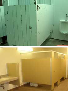 Two photos of bathroom stalls. The first photo is of an old single stall and a urinal. The second photo is of a new double stall bathroom with a urinal and sink.