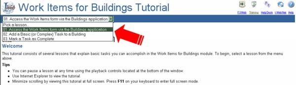 Image of the I-Web Work Items for Buildings Tutorial page with an arrow indicating the drop down menu and the highlighted choice, "Access the Work items form via the Buildings application."