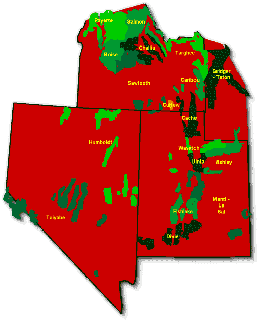 This is a map the Intermountain region of the United States. It shows where the National Forests are located