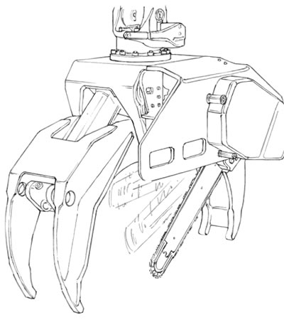 A drawing of a grapple saw head.