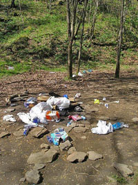 Several items of trash - plastic bags, a milk carton, paper, empty packages - lie on the ground of a deserted campsite.