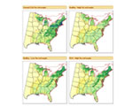 Four maps showing climate scenarios for red maple
