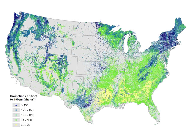 Predictions of soil organic carbon stocks (0-100 cm) for all Forest Inventory and Analysis plots in the conterminous United States. 