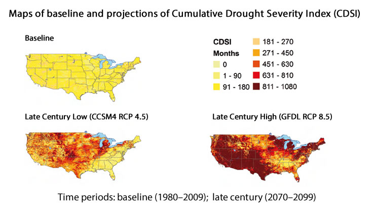 These maps depict change in an index of drought severity for the period 2070-2099 under multiple climate scenarios. The maps show a large variationin potential drought throughout much of the conterminous US, mostly because of high uncertainty in future precipitation. photo by Matthew Peters, USDA Forest Service 