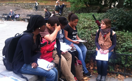 New York City high school students learn how to survey park users as part of a Woodland Ecology Research Mentorship.  Photo by Nancy Sonti, USDA Forest Service