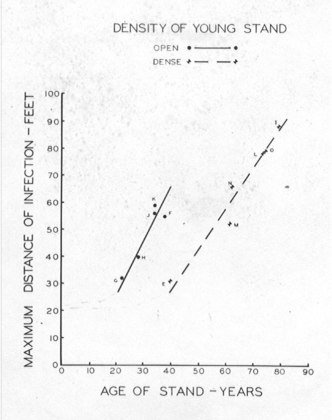 Arceuthobium americanum on lodgepole pine Roosevelt, Medicine Bow and Routt N.F. distance of infection and age of stand graph. 