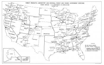 1955 black & white map of Forest Service's experiment station and Forest Products Laboratory locations, including Station headquarters, laboratories, and experimental forests.