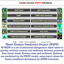 Water Erosion Prediction Project (WEPP) is a set of interfaces designed to allow users to quickly evaluate erosion and sediment delivery potential from forest roads. Erosion rates and sedimetn delivery are predicted by the WEPP model, using input values for forest conditions developed by AWAE scientists.