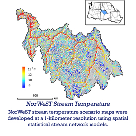 norwest stream temperature scenario maps were developed at a 1-kilometer resolution using spatial statistical stream network models