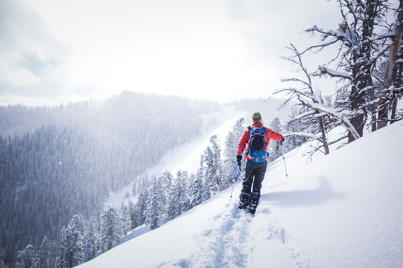 A picture of a person snowshoeing side hill on a snow covered mountain.