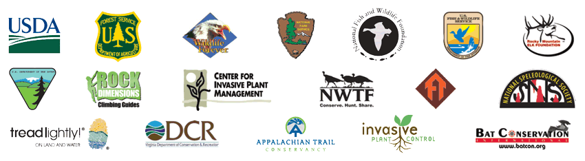 Logos of the Playing Smart Against Invasive Species partners: United States Department of Agriculture, U.S. Forest Service, Wildlife Forever, National Park Service, National Fish and Wildlife Foundation, U.S. Fish and Wildlife Service, Rocky Mountain Elk Foundation, U.S. Department of the Interior Bureau of Land Management, Rock Dimensions Climbing Guides, Center for Invasive Plant Managmenet, National Wild Turkey Federation, FT, National Speleological Society, TreadLightly on Land and Water, Virginia Department of Conservation and Recreation, Invasive Plant Control, Bat Conservation International.