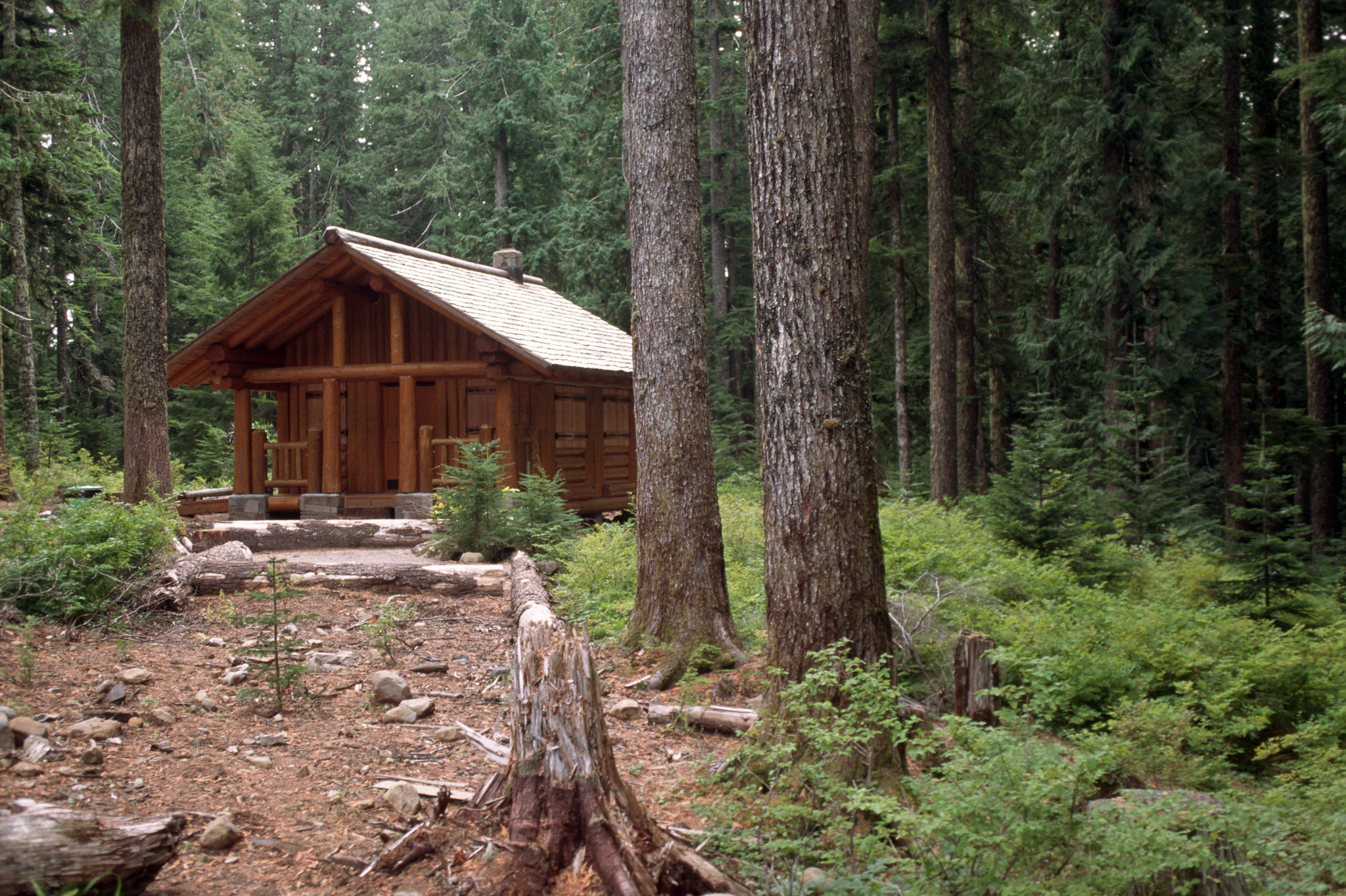 A picture of a cabin house tucked away in a forested area.