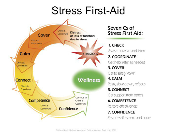 Circular chart showing the Seven Cs of Stress First Aid - 1. Check, 2. Coordinate, 3. Cover, 4. Calm, 5. Connect, 6. Competence, 7. Confidence