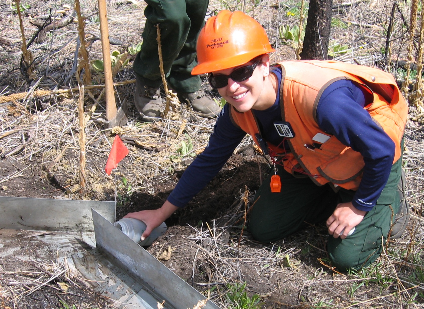 A picture showing a forest worker, wearing an orange hat and vest, working to build an erosion control barrier.