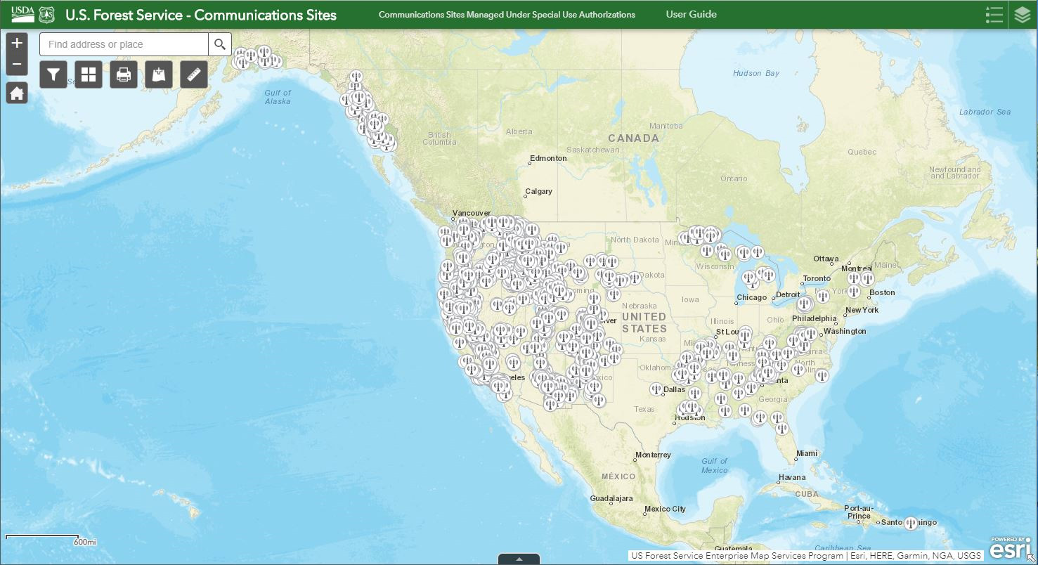 "Screen capture of Forest Service Communications Sites Map Viewer showing North America."