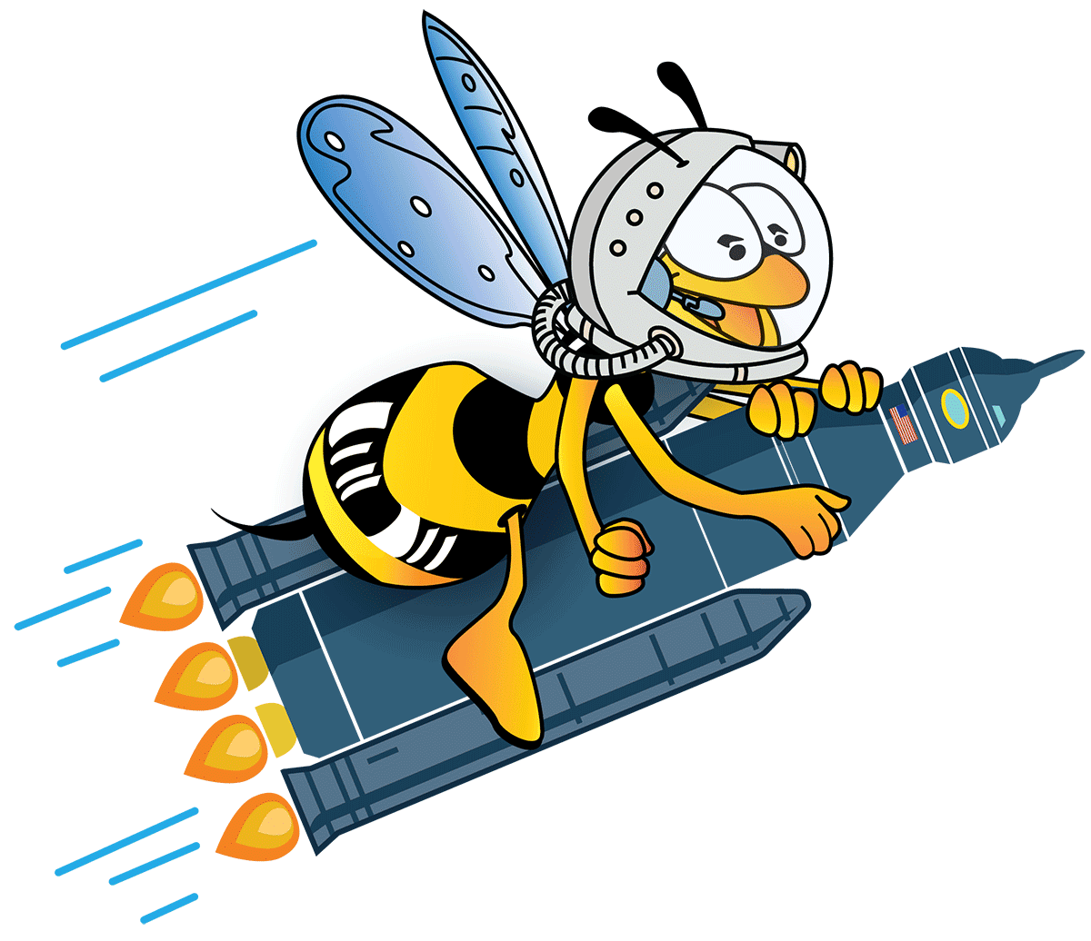 "Illustration of a bee wearing a space helmet, riding on the back of a flying rocket space ship."