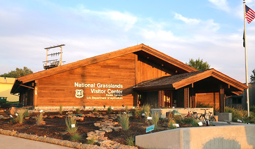 An outside view of the National Grasslands Visitor Center.