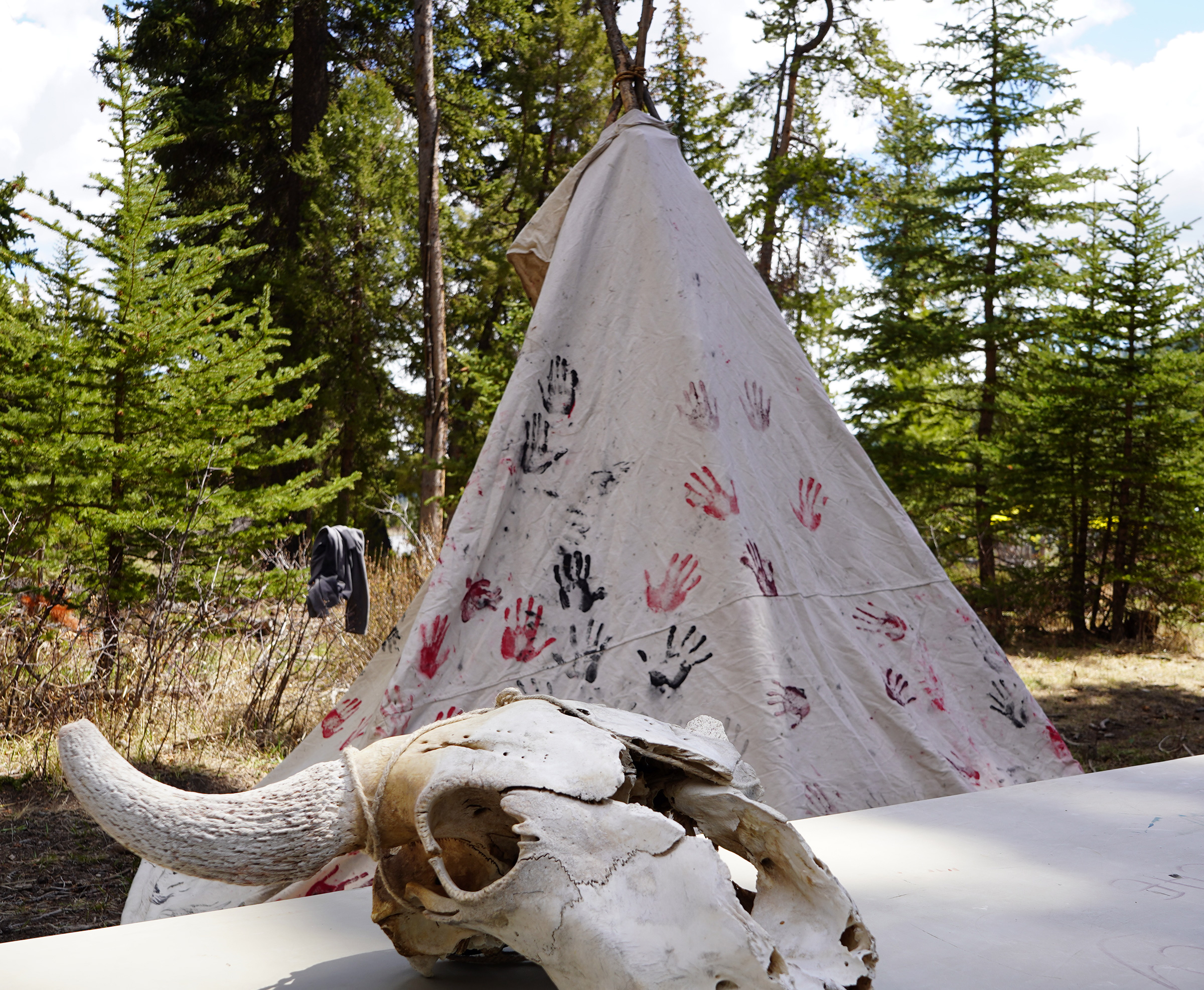 An animal skull with horns lies on a white plastic picnic table in front of a tepee that has painted handprints on it. 