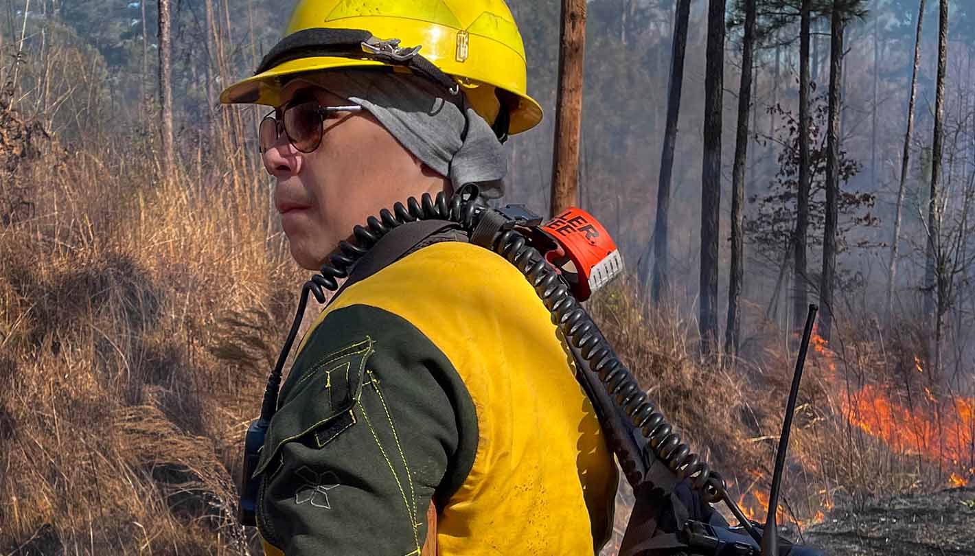 Image shows a man in firefighting gear standing along a road in a forest next to a prescribed fire.