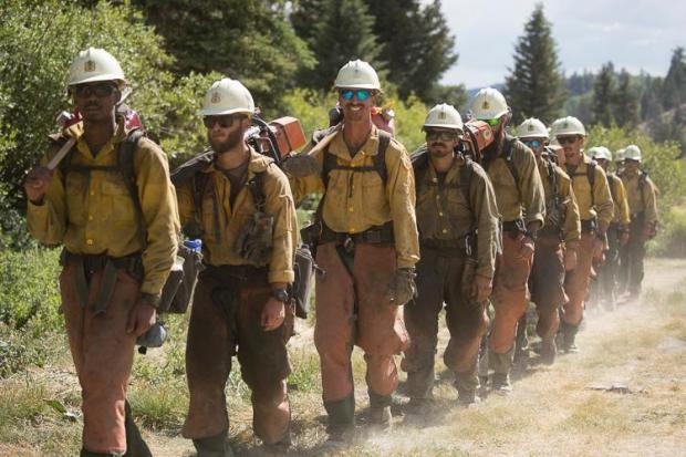 Wildland firefighters carrying equipment, walking in a line.