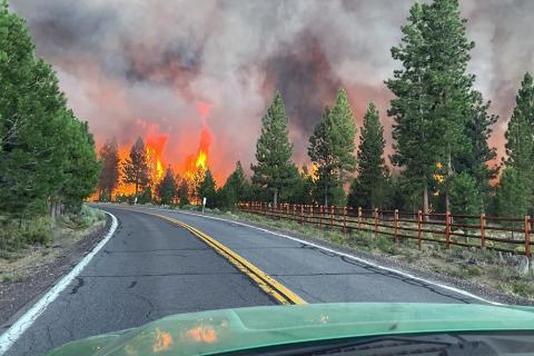A raging forest fire viewed through the front windshield of a vehicle on a paved road.