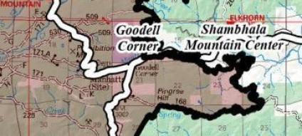 A graphic showing a map area of the Cameron Peak Fire and showing Goodell Corner and Shambhala Mountain Center.