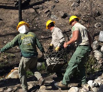 Three people wearing yellow hard hats moving large stones with a net across rocky terrain.
