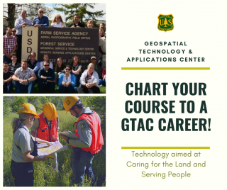 Text: Chart your course to a GTAC career: Technology aimed at Caring for the Land and Serving People. Images of GTAC employees at work.