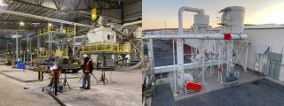 Two pictures showing a biomass facility, onw picture showing a couple workers on the inside and another picture showing the outside of the facility.