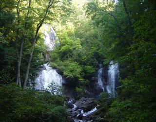 A picture of a large waterfall nestled within a dense forested area.