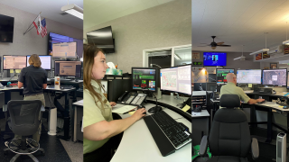 Three different pictures of people working in a dispatch center.