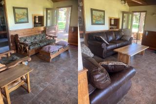 A before and after comparison shot of renovations inside a cabin
