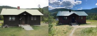 a comparison shot of a cabin, before and after renovations
