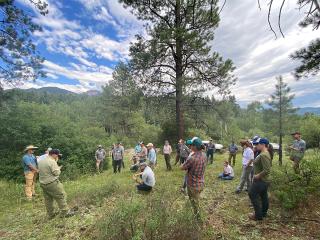 A group of people on a Forest Service tour in a forested area.