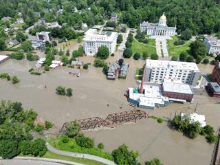 Aerial drone photo of a flooded downtown area.