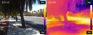 Forward Looking InfraRed (FLIR) image illustrates the distribution of heat in a block on Grand Central Parkway located in downtown Las Vegas, Nevada.  The lighter or brighter colors indicate warmer areas, while darker areas are cooler.