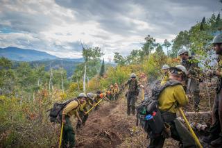 Hotshots dig fireline along a steep brush and tree covered slope.