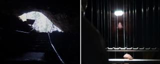 Two images. On the left, an eye-shaped hole with bright trees in the far distance surrounded by darkness that is actually the rock interior of the mouth of the cave. Light reflects off the metal railings that line the stairs that lead to the door of the cave. On the right, a man wearing a headlamp shines light that reflects off thin nylon string pulled tight around a metal pole like a harp, components of the trap set up in the doorway of the cave to help capture bats.