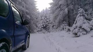 A vehicle driving down a snow covered forest road.