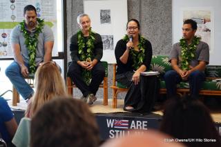 Panelists from left to right sitting on stage: Kealakaʻi Kanakaʻole, Christian Giardina, Kuʻulei Kanahele, and Luka Mossman.