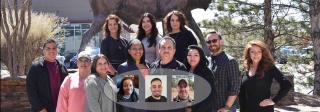 Image shows a collage of a group photograph of 11 people standing in front of a statue of an elk, with a small inset of three profile pictures of individuals is superimposed on top of the group photograph.