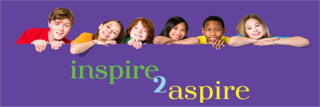 Header: Inspire 2 inspire. Graphoic with photo image of five different kids, with elbows on a surface leathe chins on their hands